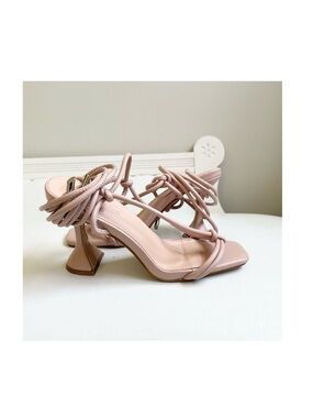 DUSTY PINK GLADIATOR OPEN SQUARE TOE SANDALS  SILVER EGLETS STRAPS FLARED HEEL